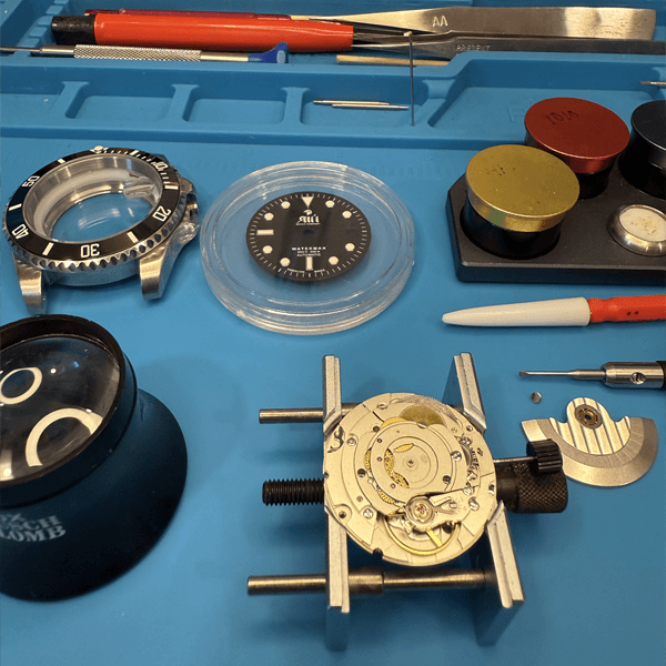 Watch parts on the work bench